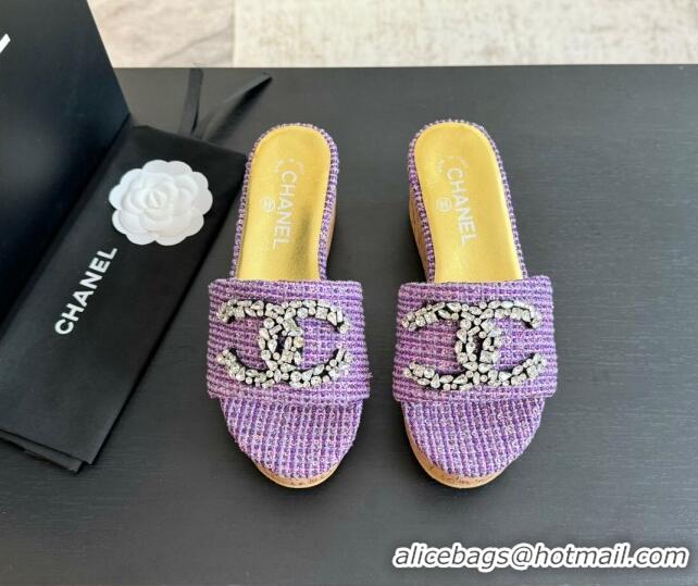 Pretty Style Chanel Tweed Wedge Slide Sandals 5.5cm with Crystals CC Purple 424099