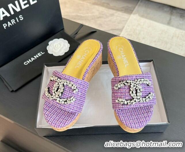 Pretty Style Chanel Tweed Wedge Slide Sandals 5.5cm with Crystals CC Purple 424099