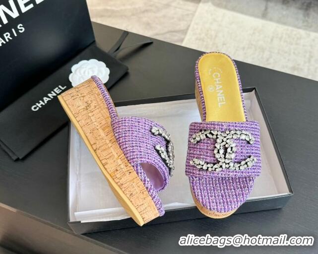 Pretty Style Chanel Tweed Wedge Slide Sandals 5.5cm with Crystals CC Purple 424099