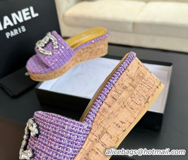 Pretty Style Chanel Tweed Wedge Slide Sandals 5.5cm with Crystals CC Purple 424099