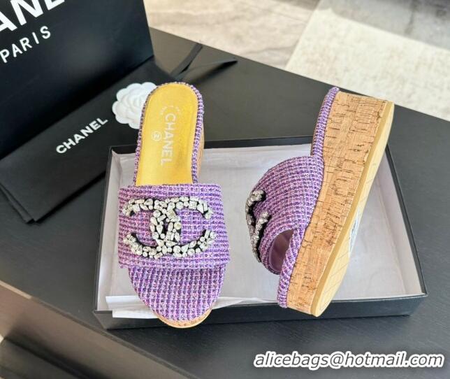 Pretty Style Chanel Tweed Wedge Slide Sandals 5.5cm with Crystals CC Purple 424099