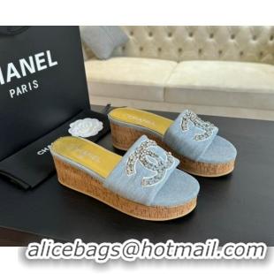 Sumptuous Chanel Denim Wedge Slide Sandals 5.5cm with Crystals CC Light Blue 424100