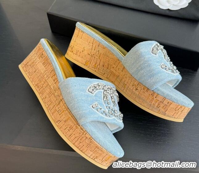 Sumptuous Chanel Denim Wedge Slide Sandals 5.5cm with Crystals CC Light Blue 424100