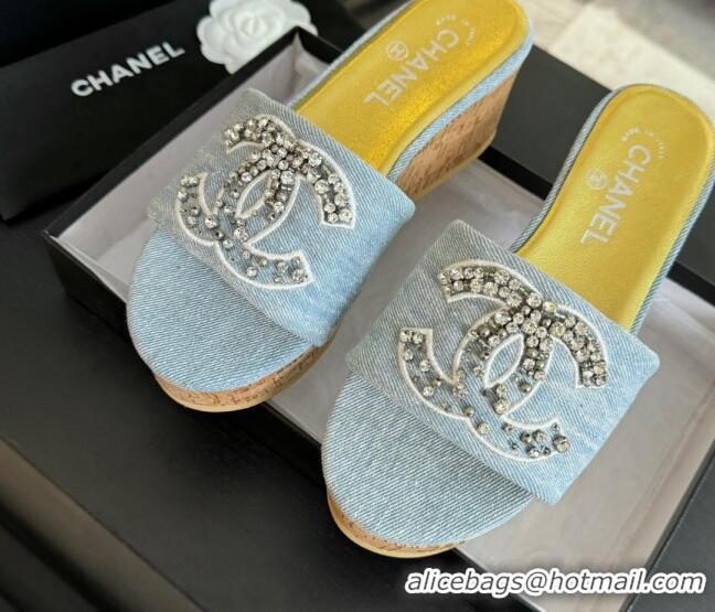 Sumptuous Chanel Denim Wedge Slide Sandals 5.5cm with Crystals CC Light Blue 424100