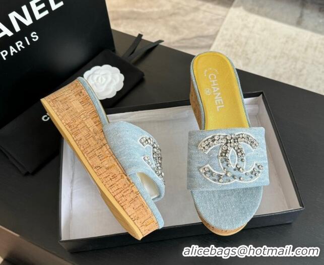 Sumptuous Chanel Denim Wedge Slide Sandals 5.5cm with Crystals CC Light Blue 424100