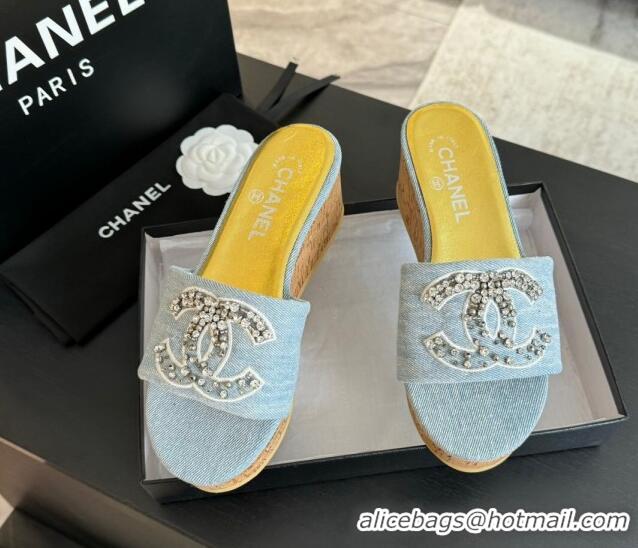 Sumptuous Chanel Denim Wedge Slide Sandals 5.5cm with Crystals CC Light Blue 424100