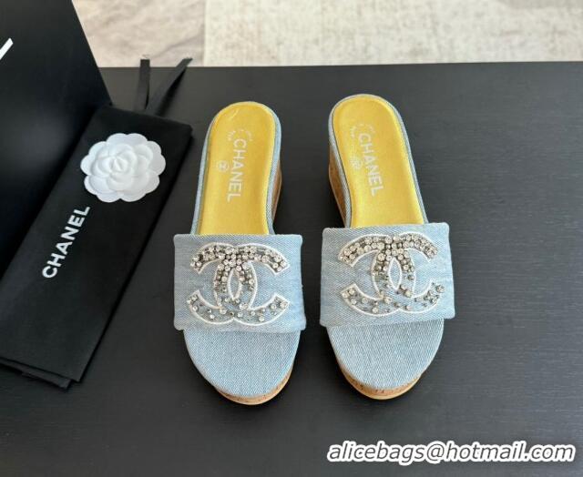 Sumptuous Chanel Denim Wedge Slide Sandals 5.5cm with Crystals CC Light Blue 424100