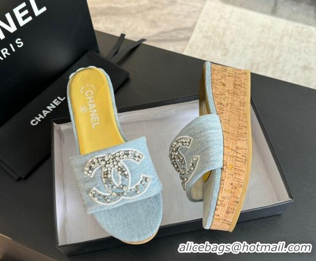 Sumptuous Chanel Denim Wedge Slide Sandals 5.5cm with Crystals CC Light Blue 424100