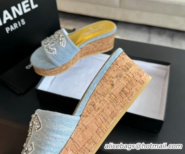 Sumptuous Chanel Denim Wedge Slide Sandals 5.5cm with Crystals CC Light Blue 424100