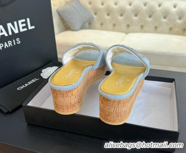 Sumptuous Chanel Denim Wedge Slide Sandals 5.5cm with Crystals CC Light Blue 424100