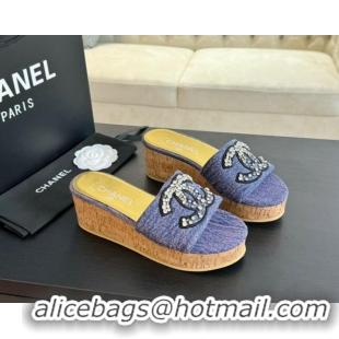 Luxurious Chanel Denim Wedge Slide Sandals 5.5cm with Crystals CC Purple 424101