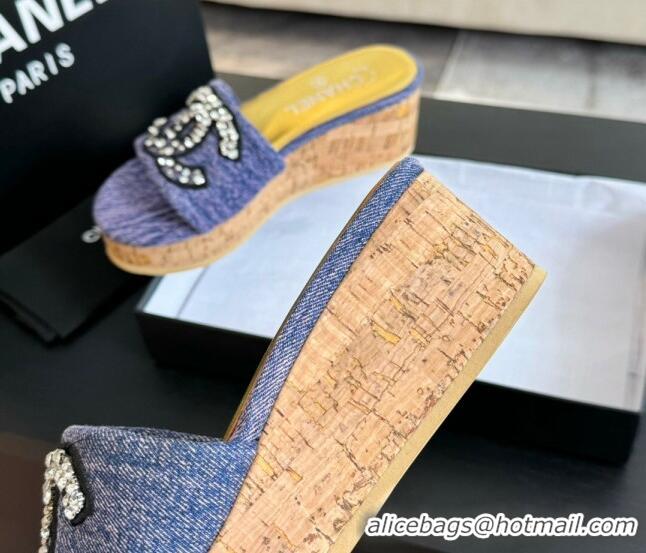 Luxurious Chanel Denim Wedge Slide Sandals 5.5cm with Crystals CC Purple 424101