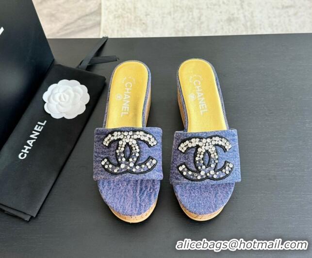 Luxurious Chanel Denim Wedge Slide Sandals 5.5cm with Crystals CC Purple 424101