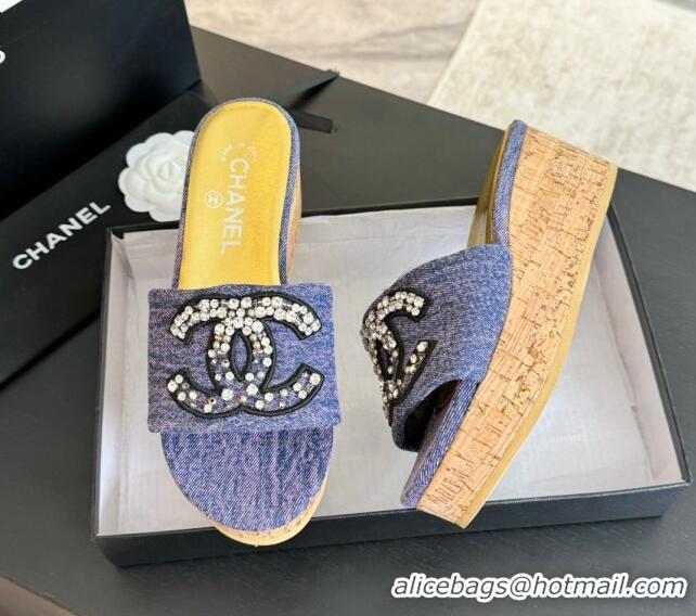 Luxurious Chanel Denim Wedge Slide Sandals 5.5cm with Crystals CC Purple 424101