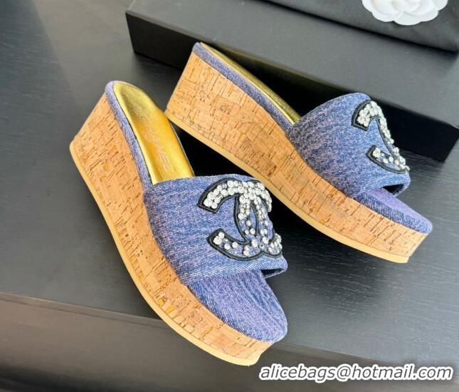 Luxurious Chanel Denim Wedge Slide Sandals 5.5cm with Crystals CC Purple 424101