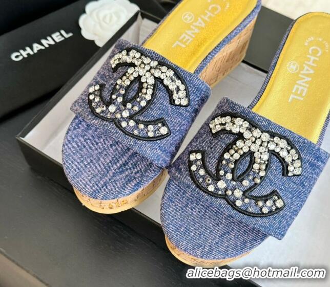 Luxurious Chanel Denim Wedge Slide Sandals 5.5cm with Crystals CC Purple 424101