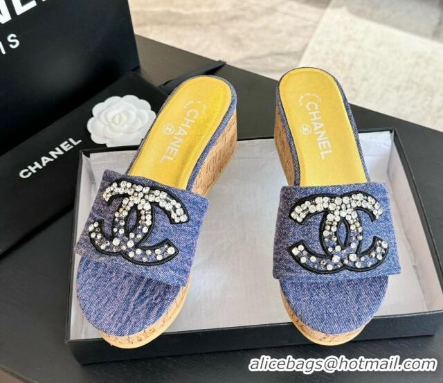 Luxurious Chanel Denim Wedge Slide Sandals 5.5cm with Crystals CC Purple 424101