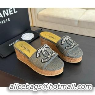 Unique Style Chanel Denim Wedge Slide Sandals 5.5cm with Crystals CC Grey 424102