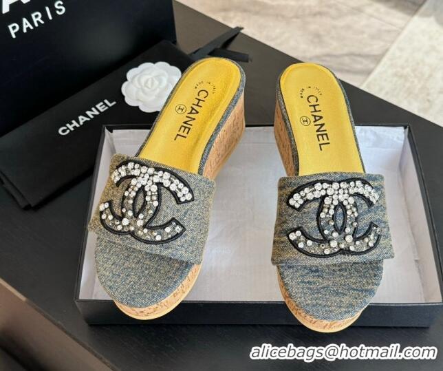 Unique Style Chanel Denim Wedge Slide Sandals 5.5cm with Crystals CC Grey 424102