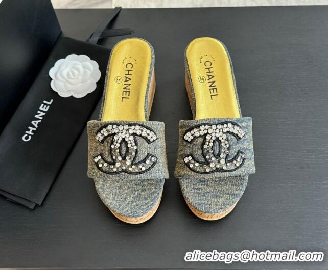 Unique Style Chanel Denim Wedge Slide Sandals 5.5cm with Crystals CC Grey 424102