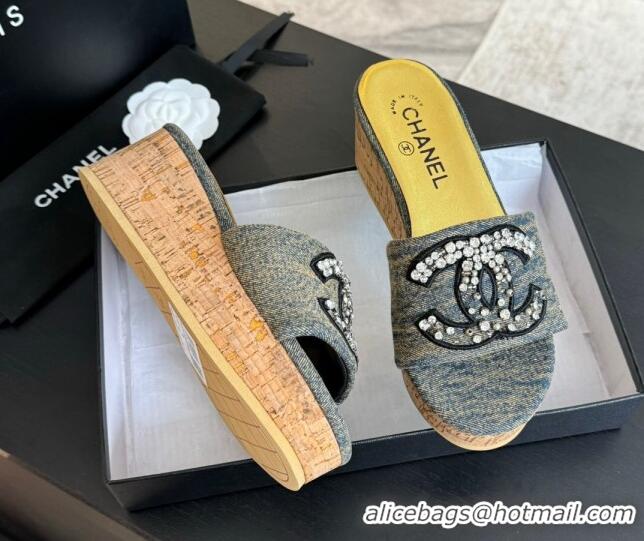 Unique Style Chanel Denim Wedge Slide Sandals 5.5cm with Crystals CC Grey 424102