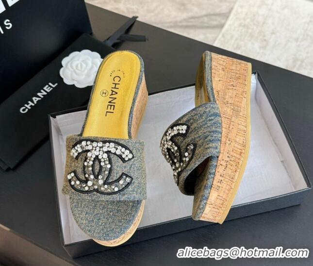 Unique Style Chanel Denim Wedge Slide Sandals 5.5cm with Crystals CC Grey 424102