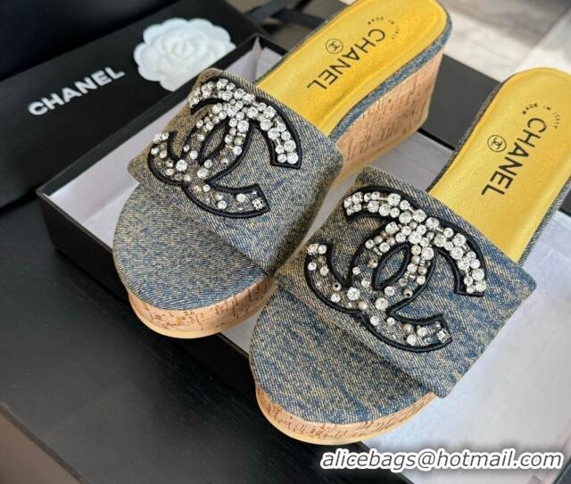 Unique Style Chanel Denim Wedge Slide Sandals 5.5cm with Crystals CC Grey 424102