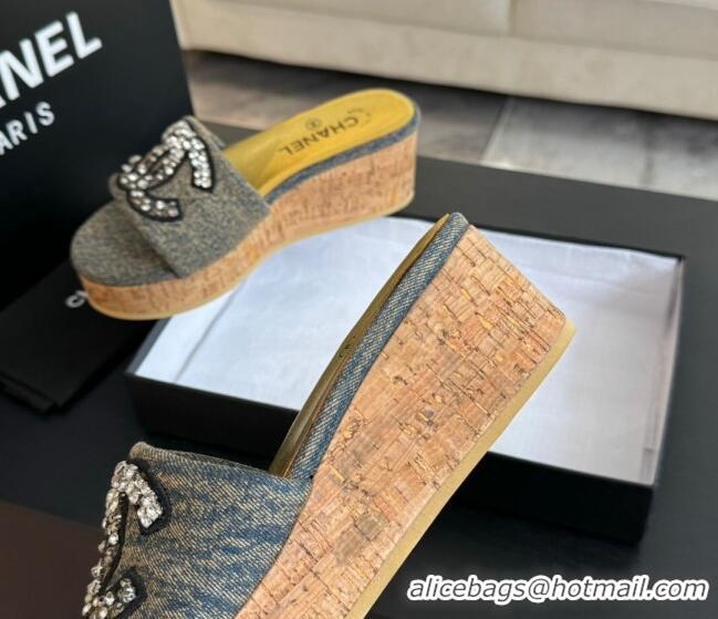 Unique Style Chanel Denim Wedge Slide Sandals 5.5cm with Crystals CC Grey 424102