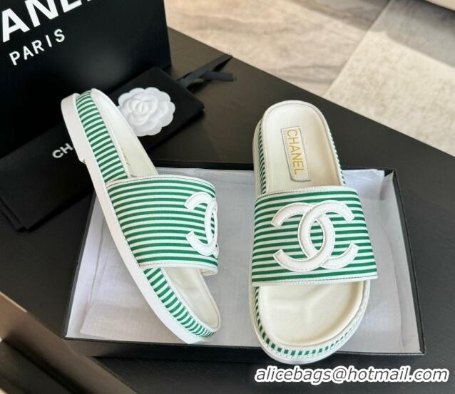 Perfect Chanel Striped Slide Sandals Green 424103