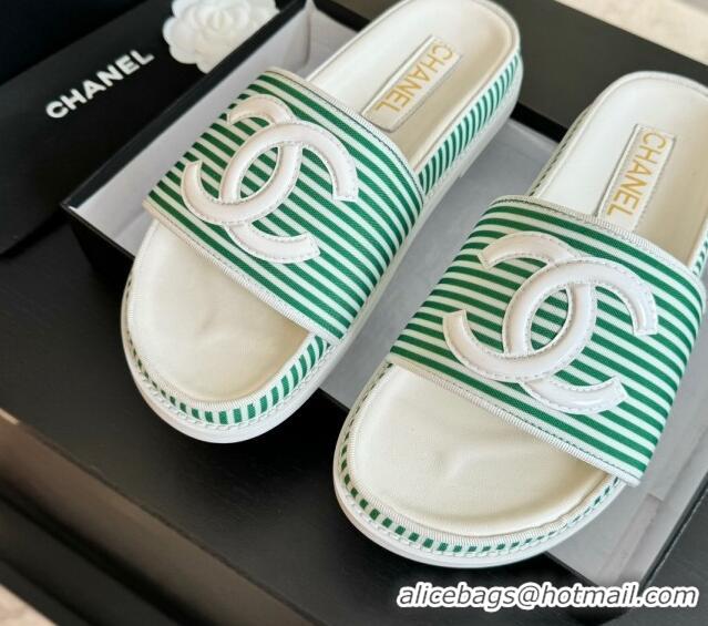 Perfect Chanel Striped Slide Sandals Green 424103