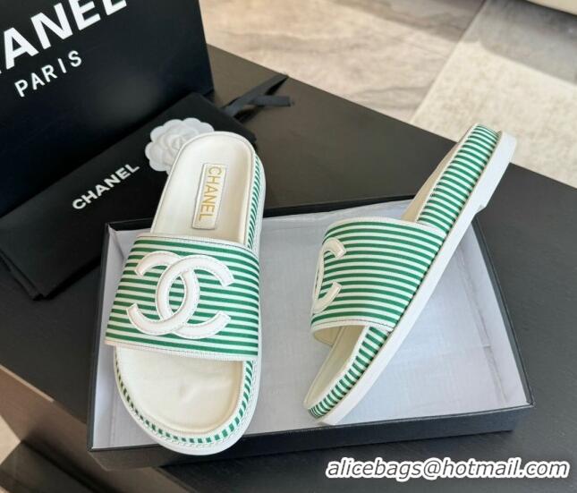 Perfect Chanel Striped Slide Sandals Green 424103