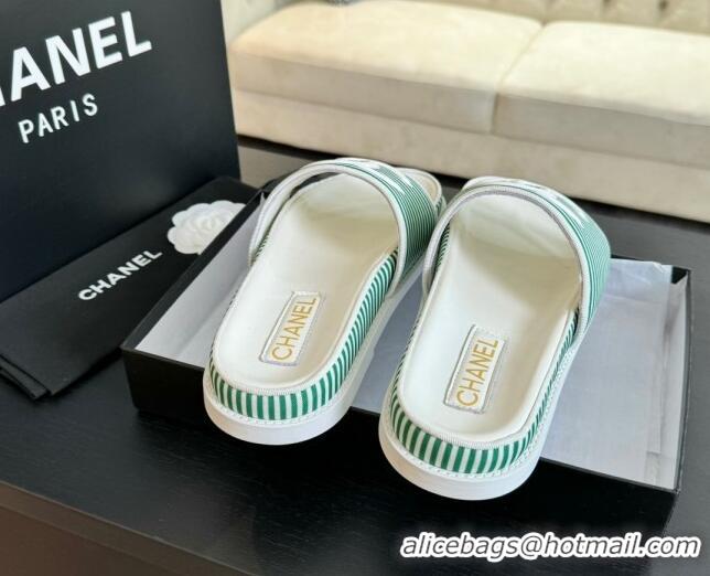 Perfect Chanel Striped Slide Sandals Green 424103