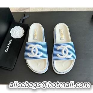 Classic Hot Chanel Striped Slide Sandals Blue 424104