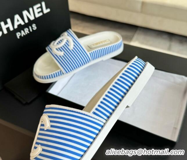 Classic Hot Chanel Striped Slide Sandals Blue 424104