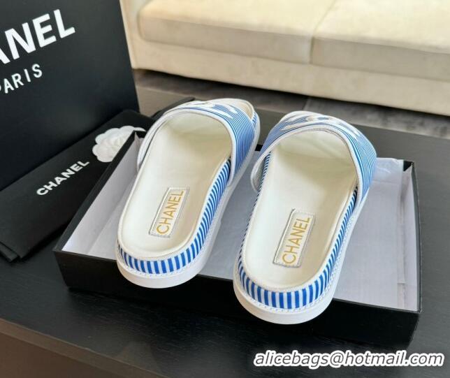 Classic Hot Chanel Striped Slide Sandals Blue 424104