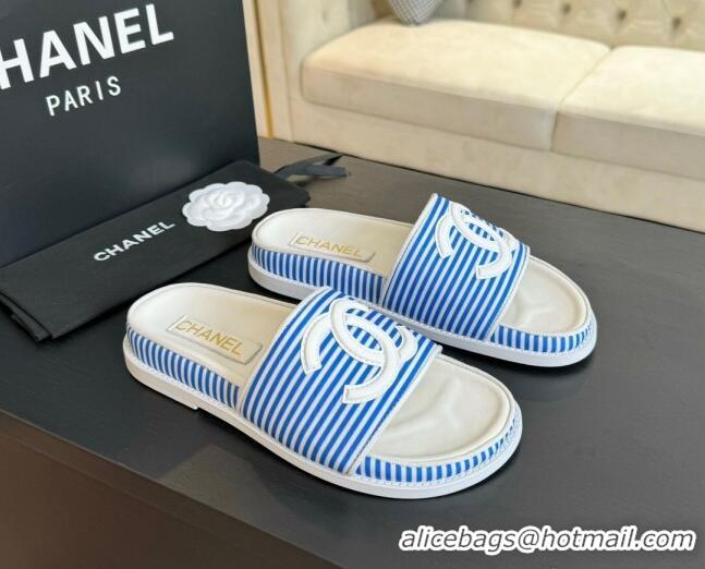 Classic Hot Chanel Striped Slide Sandals Blue 424104