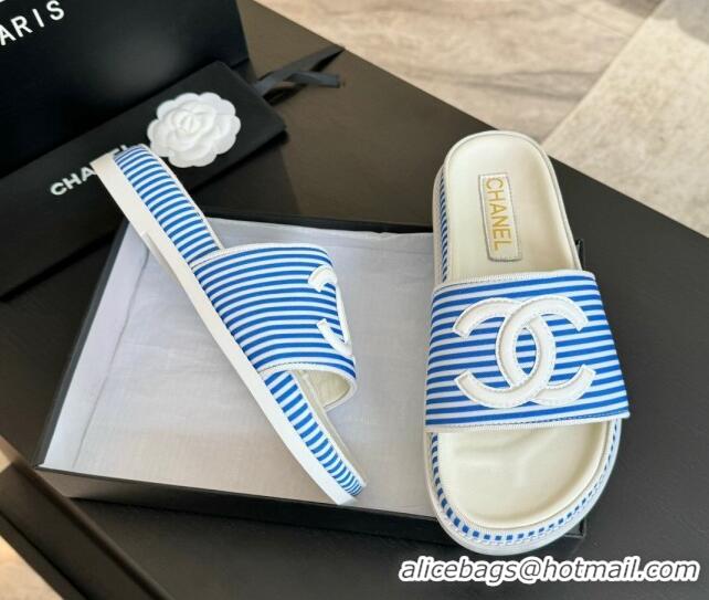 Classic Hot Chanel Striped Slide Sandals Blue 424104