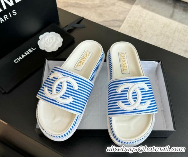 Classic Hot Chanel Striped Slide Sandals Blue 424104