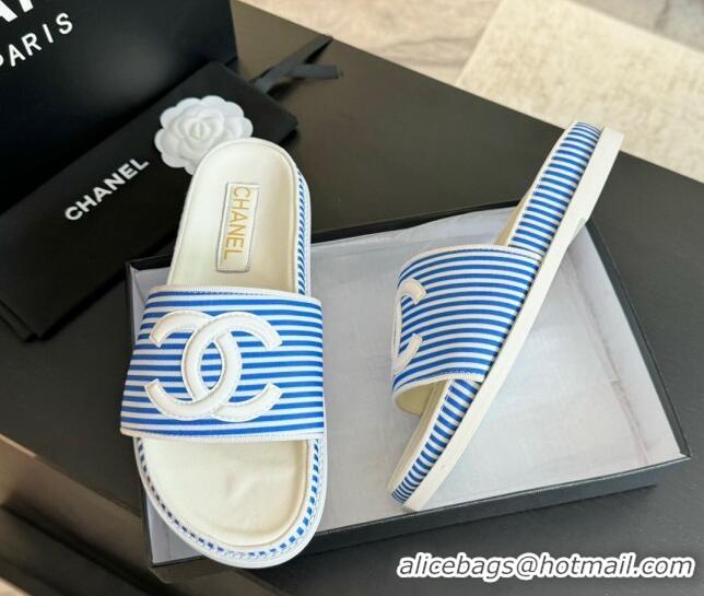 Classic Hot Chanel Striped Slide Sandals Blue 424104