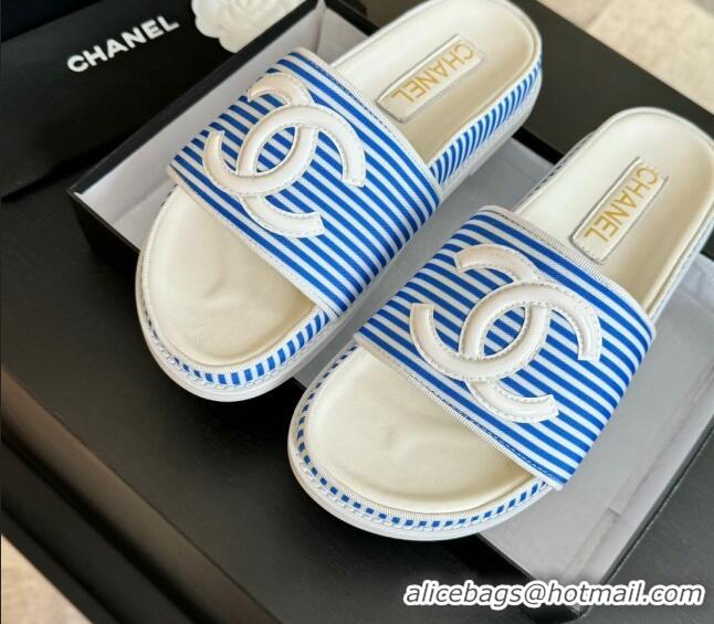 Classic Hot Chanel Striped Slide Sandals Blue 424104