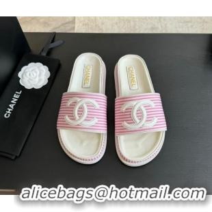 Popular Style Chanel Striped Slide Sandals Pink 424105