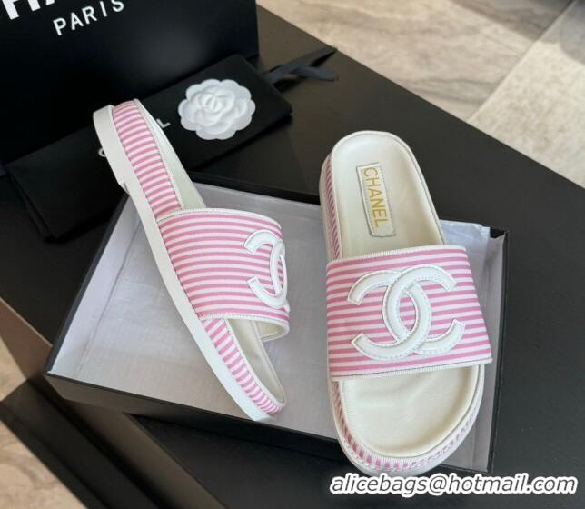 Popular Style Chanel Striped Slide Sandals Pink 424105