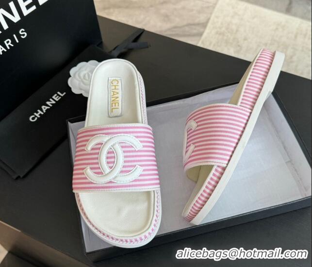 Popular Style Chanel Striped Slide Sandals Pink 424105