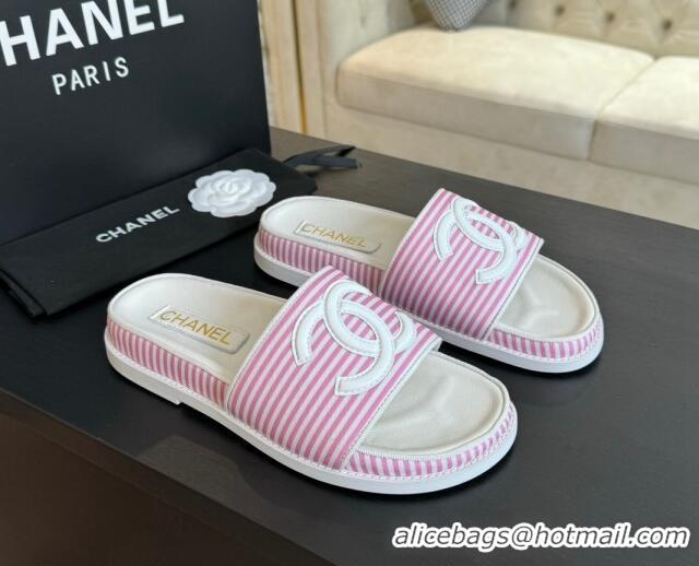 Popular Style Chanel Striped Slide Sandals Pink 424105