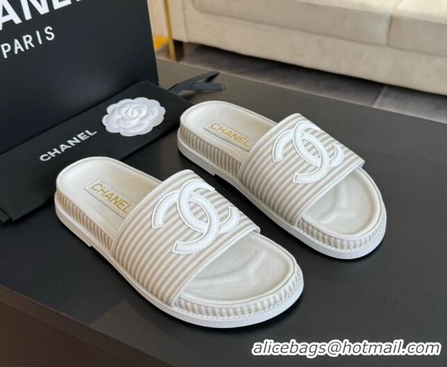 Modern Chanel Striped Slide Sandals Beige 424106