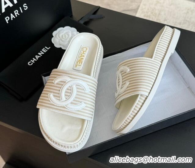 Modern Chanel Striped Slide Sandals Beige 424106