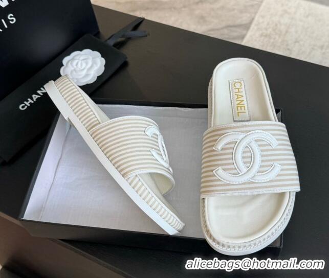 Modern Chanel Striped Slide Sandals Beige 424106