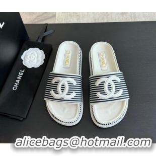 Durable Chanel Striped Slide Sandals Black 424107