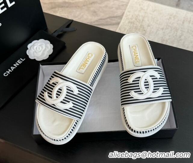 Durable Chanel Striped Slide Sandals Black 424107