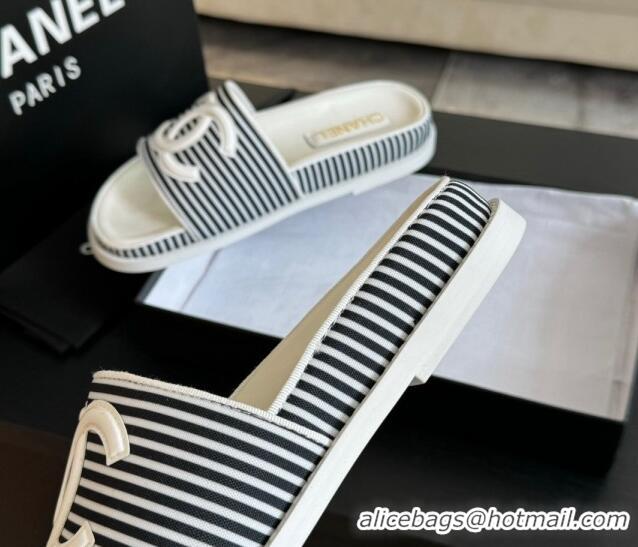 Durable Chanel Striped Slide Sandals Black 424107